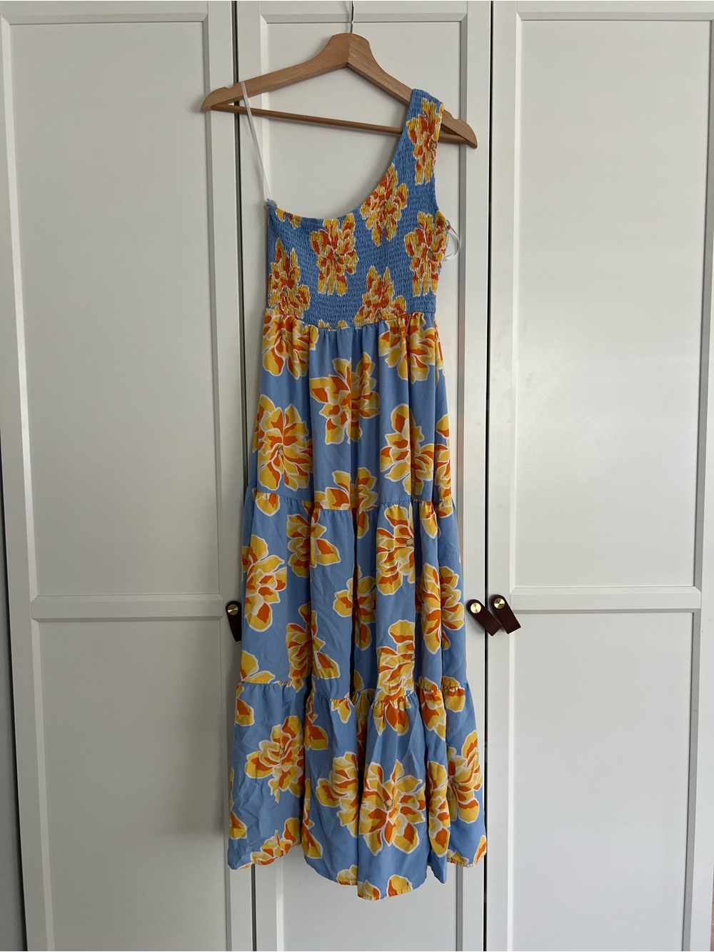 Anthropologie Abel the Label Blue Floral One Shoulder Smocked Midi Dress